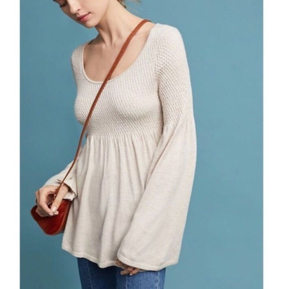 Anthropologie Knitted & Knotted Oatmeal Wool Balloon Sleeve Babydoll Sweater XS